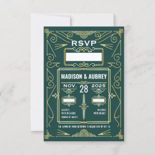 Art Deco Bruiloft Goud Donkergroen RSVP Reactie Kaartje