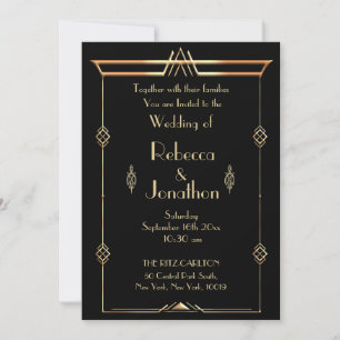 Art Deco Bruiloft Goud op Zwart Elegantie Kaart