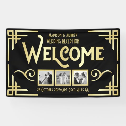 Art Deco Bruiloft Goud Zwart Drie Foto Welkom Spandoek (Horizontaal)
