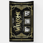 Art Deco Bruiloft Goud Zwart Gatsby Foto Welkom Spandoek (Verticaal)