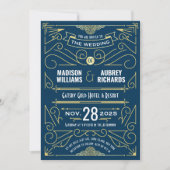 Art Deco Bruiloft Grote Gatsby Elegant Goud Blauw Kaart (Voorkant)