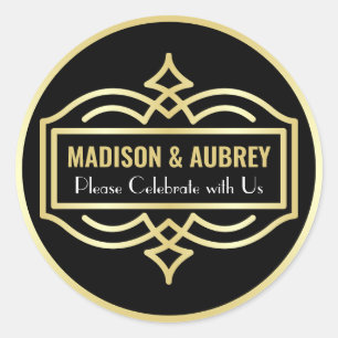 Art Deco Bruiloft Liefde & Bedankt Goud Zwart Mail Ronde Sticker