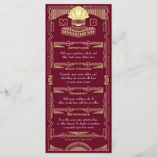Art Deco Bruiloft Receptie Diner Goud Bourgogne Menu