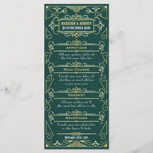 Art Deco Bruiloft Receptie Diner Goud Groen Eten Menu (Voorkant)