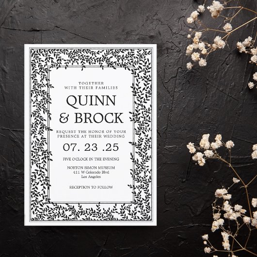 Art Deco Bruiloft Zwart-wit Bladgroen Kaart
