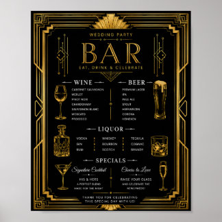 Art Deco Bruiloftsfeest Bar Wijn Bier Likeur Menu Poster