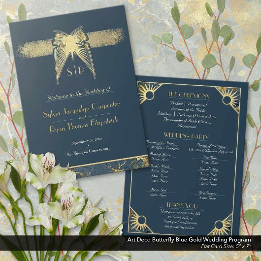 Art Déco Butterfly Blue Gold Wedding Programme