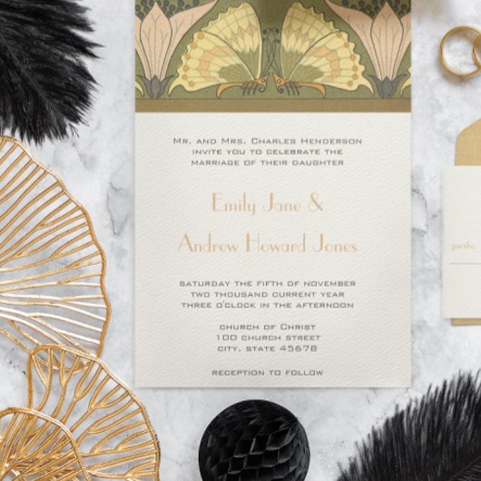 Art Deco Butterfly Calla Lily Wedding Uitnodiging