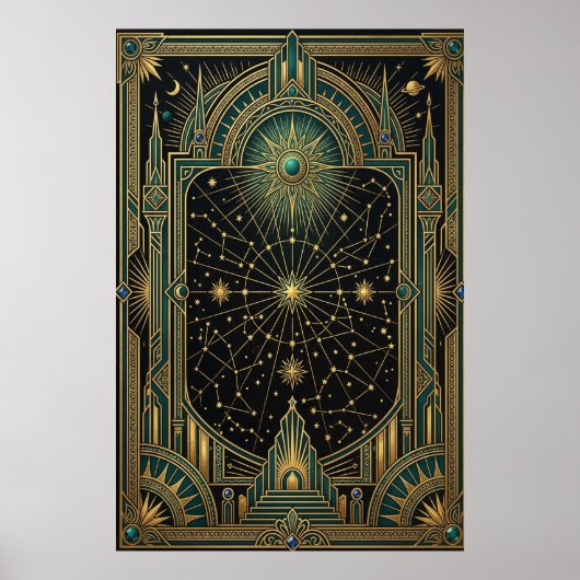 Art Deco Celestial Star Map Poster | Gold Teal (Devant)