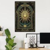 Art Deco Celestial Sun Face Poster | Gold Teal (Bureau à domicile)