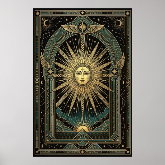 Art Deco Celestial Sun Face Poster | Gold Teal (Devant)
