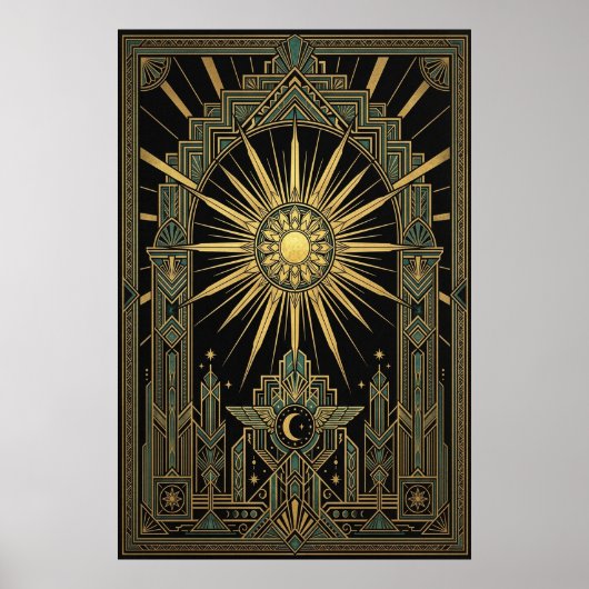 Art Deco Celestial Sun & Moon Poster | Gold Geomet (Devant)