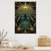 Art Deco Celtic Tree of Life Pyramid Gold Teal  Poster (Keuken)