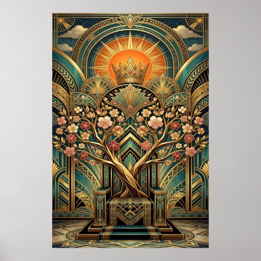 Art Deco Cherry Blossom Tree Throne Gold Teal Poster (Voorkant)