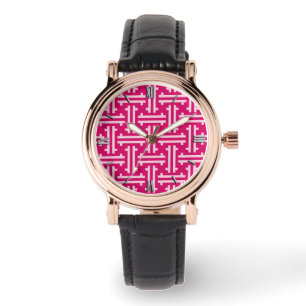 Art Deco Chinese Fret, Fuchsia Pink Horloge