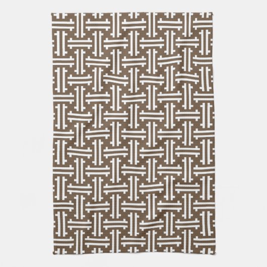 Art Deco Chinese Fret, Taupe Tan en White Theedoek (Verticaal)