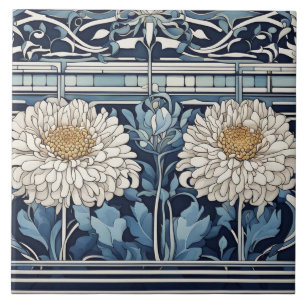 Art Deco chrysant Bloemen Art Nouveau Blauw Tegeltje