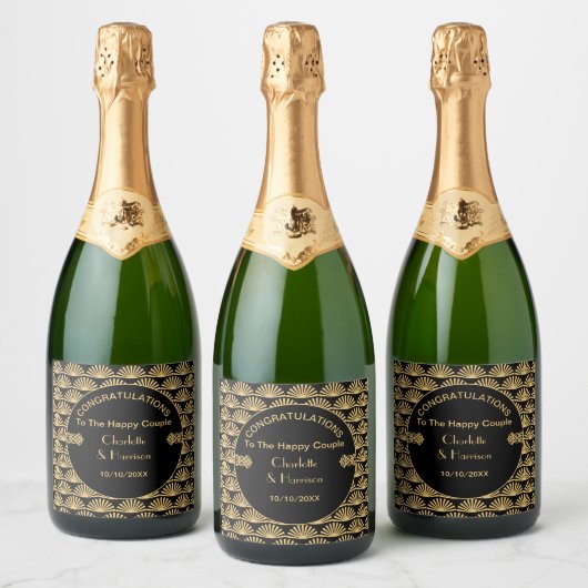 Art Deco Classy Black Gold Wedding Sparkling Wijnetiket (Flessen)