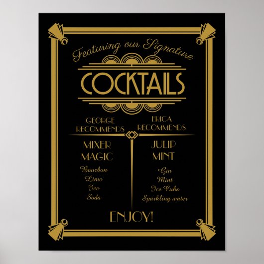 Art Deco-cocktailbord, handtekening, streepjesbord Poster (Voorkant)