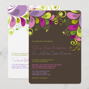 Art Deco Colorful Floral Leaves Wedding Invitation Kaart