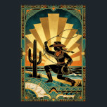 Art Deco Cowgirl Lasso Cactus Desert Sunset Poster<br><div class="desc">A dynamic celebration of Western grit and Art Deco elegance. This illustration features a cowgirl silhouette in a fringed suit expertly wielding a lasso in a desert coastal landscape. Set against a massive, fan-like golden sunburst and framed by intricate geometric borders with marble accents, this piece is perfect for a...</div>