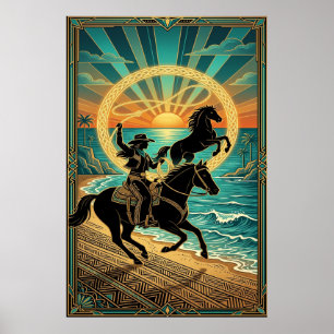 Art Deco Cowgirl Lasso Paard Strand Zonsondergang  Poster