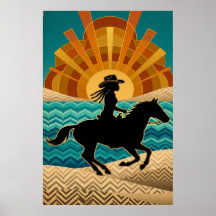 Art Deco Cowgirl Paard Zonsondergang Teal Oranje P