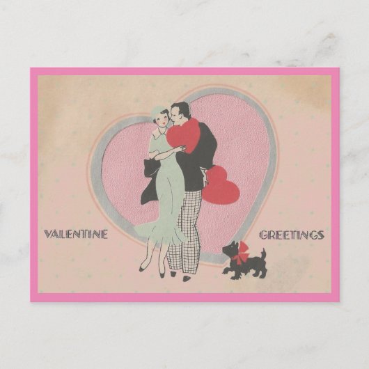 Art Deco Cute Couple en Dog Valentijn Briefkaart (Voorkant)