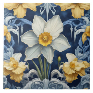 Art Deco Daffodil Bloemen Art Nouveau Blauw Tegeltje