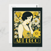 Art Deco Dag Vrouw & Bloemen Briefkaart (Voorkant / Achterkant)