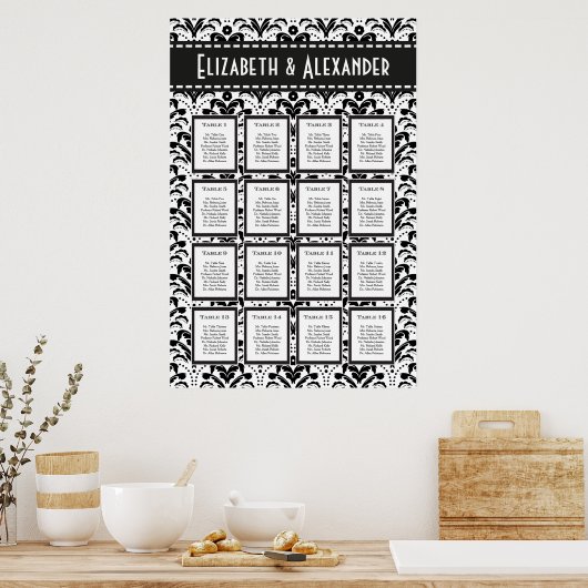 Art Deco Damask Wedding 16 Table Seating Chart Poster (Keuken)