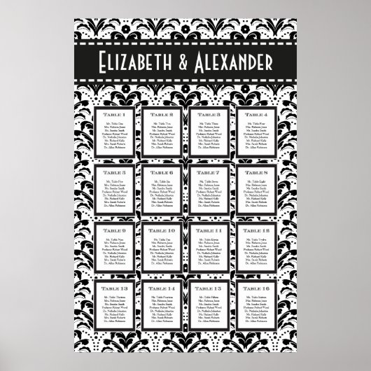 Art Deco Damask Wedding 16 Table Seating Chart Poster (Voorkant)