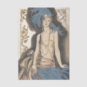 Art Deco Dame Blauwe Veer Vintage Decoupage Goud  Tissuepapier