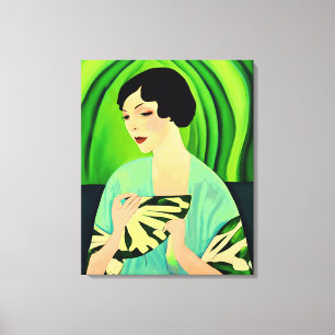 Art Deco Dame met een Fan in Jade Green Canvas Afdruk