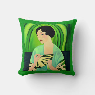 Art Deco Dame met een Fan in Jade Green Kussen