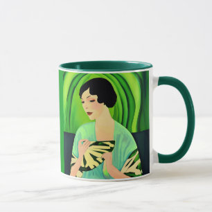 Art Deco Dame met een Fan in Jade Green Mok