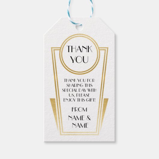 Art Deco Dank u 20s Labels Wit Goud Bruiloft Cadeaulabel (Voorkant)