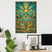 Art Deco Desert Sunset Poster - Geometric Saguaro  (Bureau à domicile)