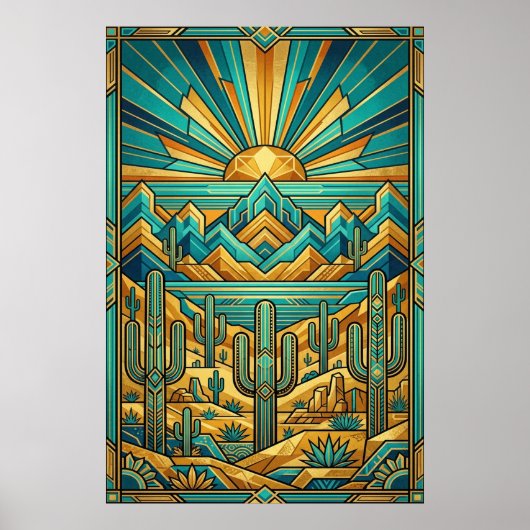 Art Deco Desert Sunset Poster - Geometric Saguaro  (Devant)