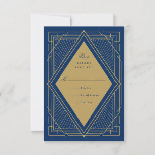 Art Deco Diamond Navy Blue en Gold RSVP Kaartje