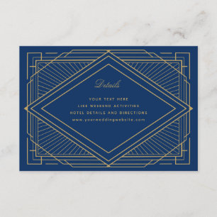 Art Deco Diamond Navy Blue en Gold Wedding Informatiekaartje