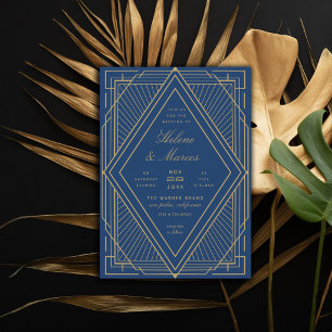 Art Deco Diamond Navy Blue en Gold Wedding Kaart