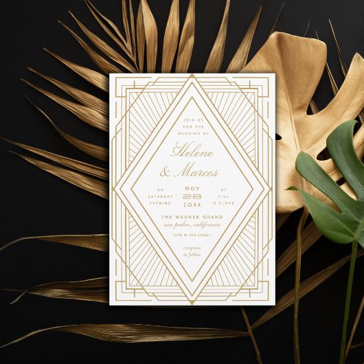 Art Deco Diamond White en Gold Wedding Kaart