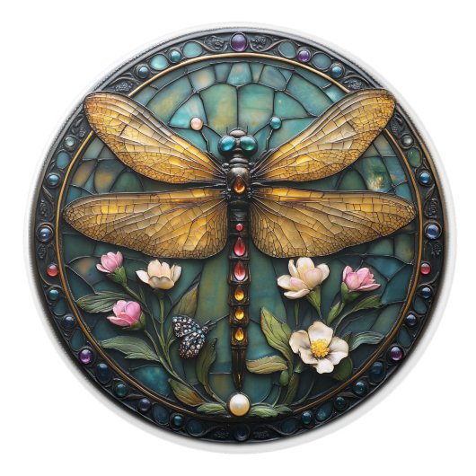 Art Deco Dragonfly Parels Pareltjes Glas in lood Keramische Knop (Voorkant)