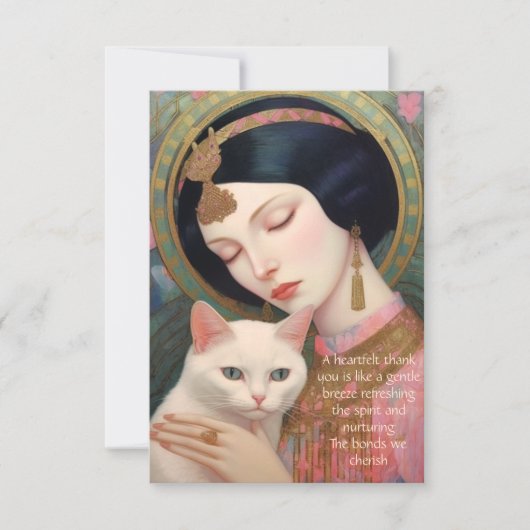  Art Deco Dreamy Design Vrouw en Kat Bedankkaart (Voorkant)