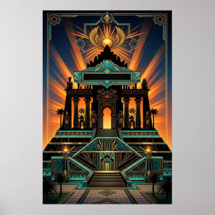 Art Deco Egyptische Revival Tempel Goud & Teal Poster