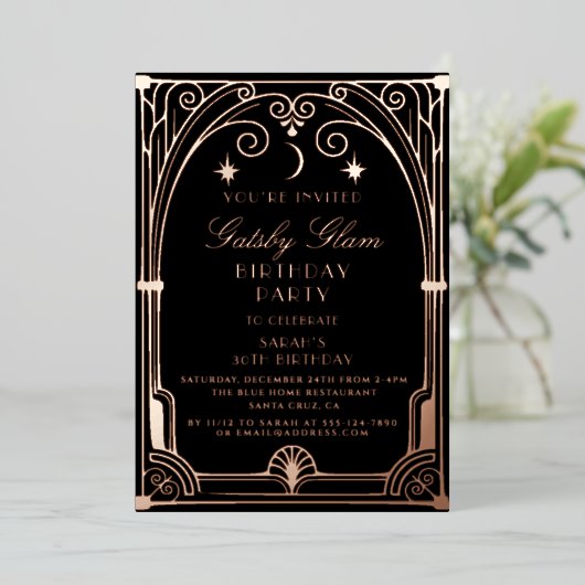 Art Deco Elegant Black Gold 20s Classic Birthday Folie Uitnodiging (Staand Voorkant)