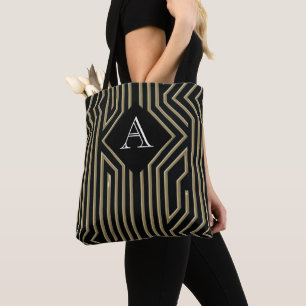 Art Deco Elegant Black Gold Monogram Draagtas