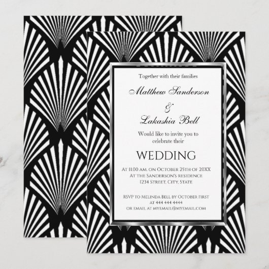 Art Deco Elegant Black White Modern Wedding Kaart (Voorkant / Achterkant)