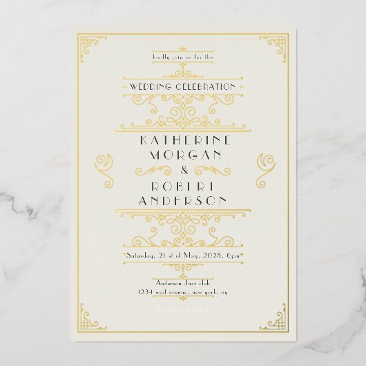 Art Deco Elegant Bruiloft Folie Uitnodiging (Voorkant)